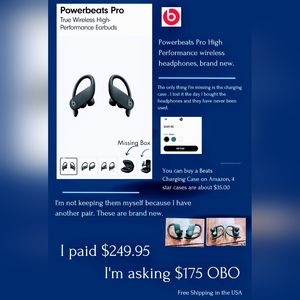 Powerbeats Pro High Performance Wireless Headphones. Black, brand new.